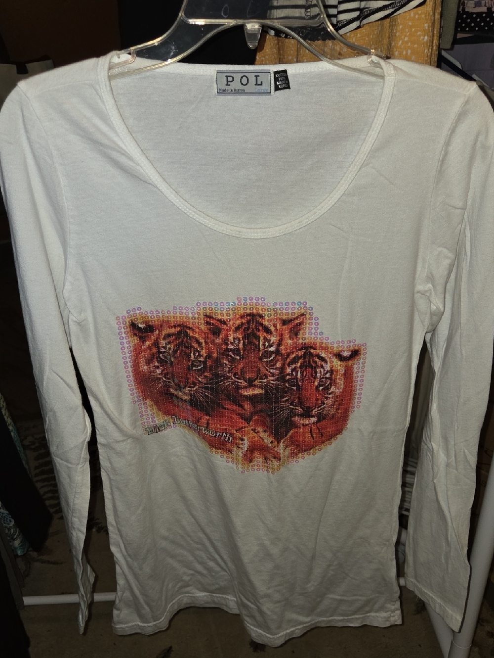 POL White Long Sleeve Tee with Multicolor Tiger Graphic